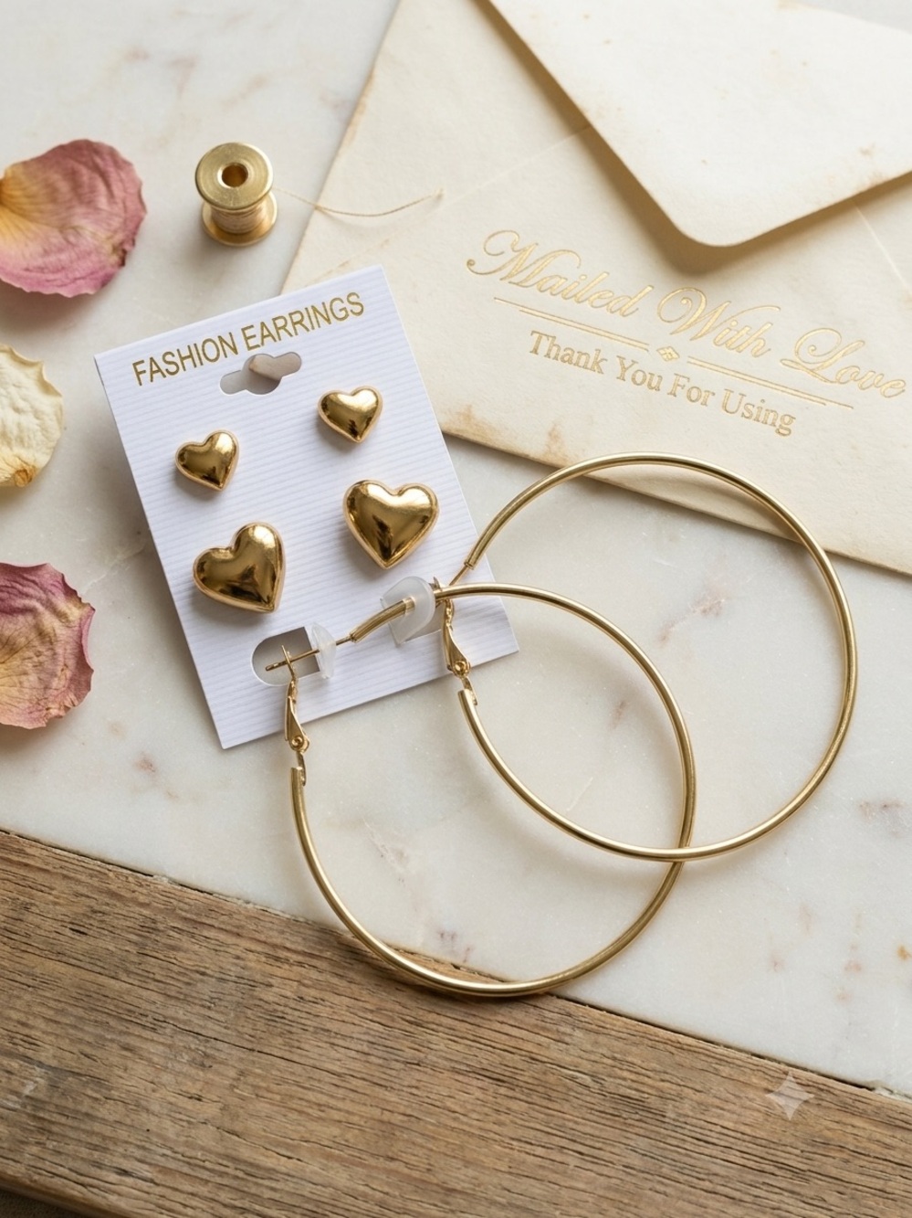 Gold Heart Stud & Hoop Earring Set -